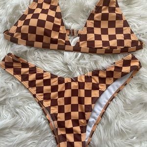 XL brown & tan checkered swimsuit bikini